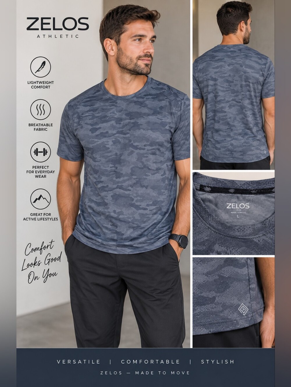 Zelos mens 3X blue camo athletic shirt #12
